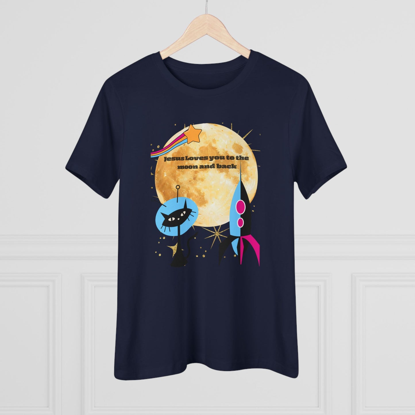 Women’s Cotton Tee - Retro Space Rocket & Cat Design with Moon ("Because heaven gives us time")