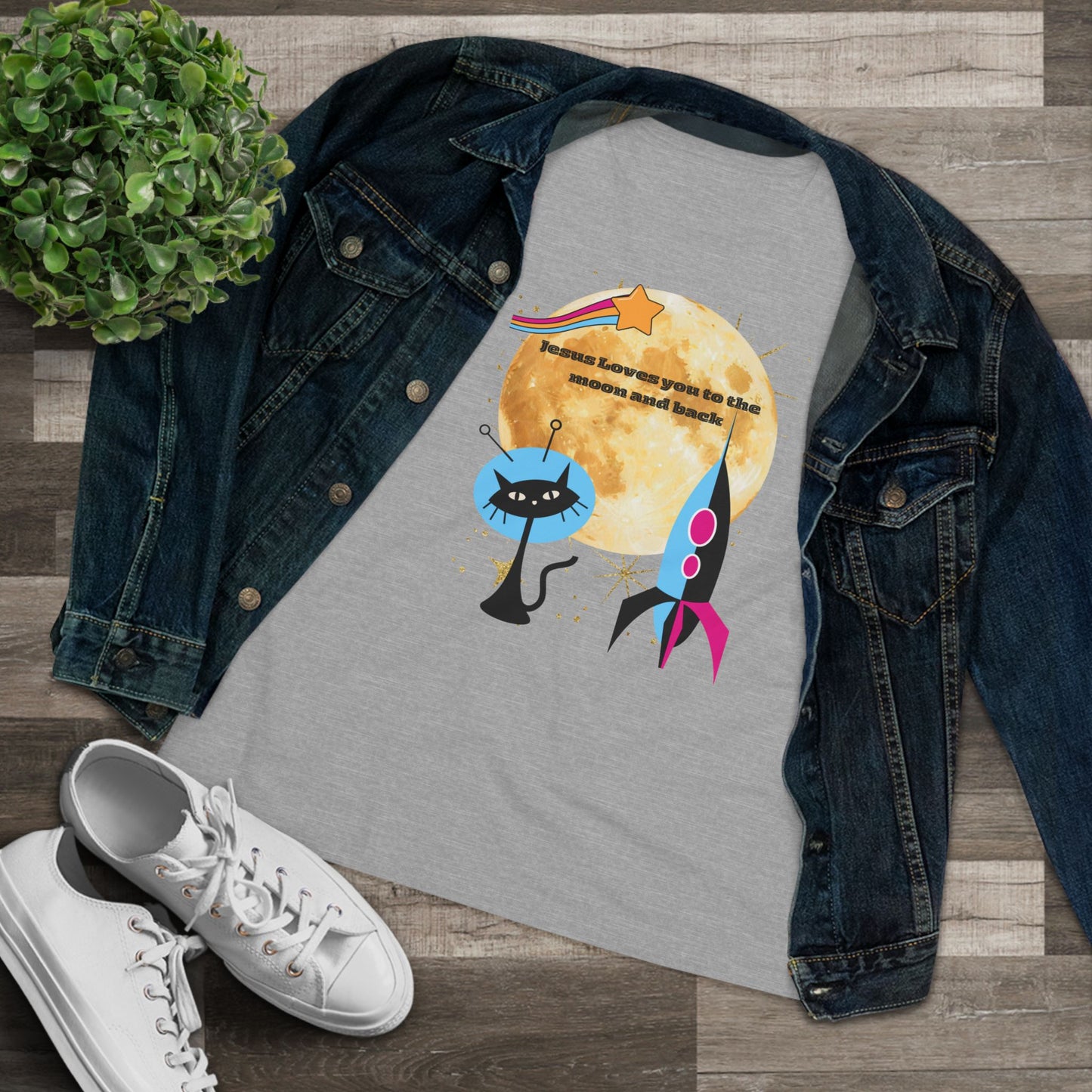 Women’s Cotton Tee - Retro Space Rocket & Cat Design with Moon ("Because heaven gives us time")