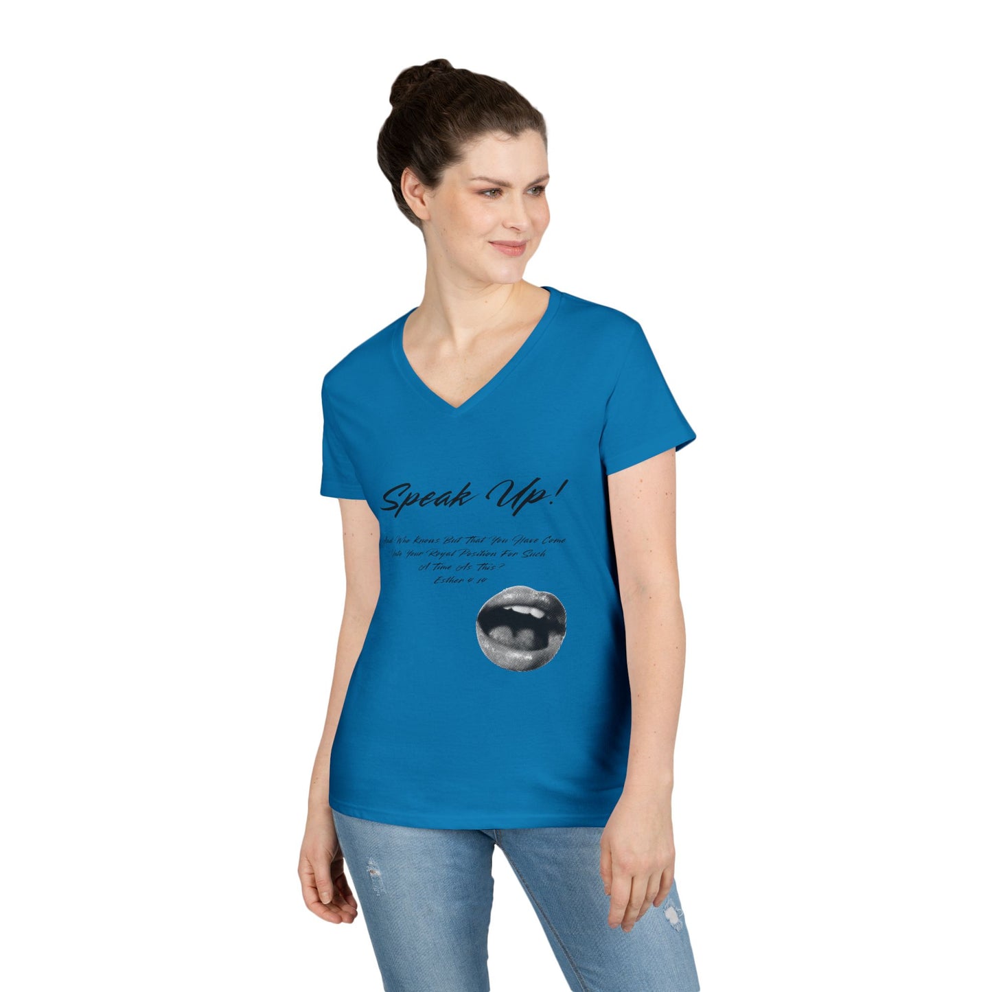 Speak Up lips graphic V-Neck T-Shirt | script text, monochrome lip art
