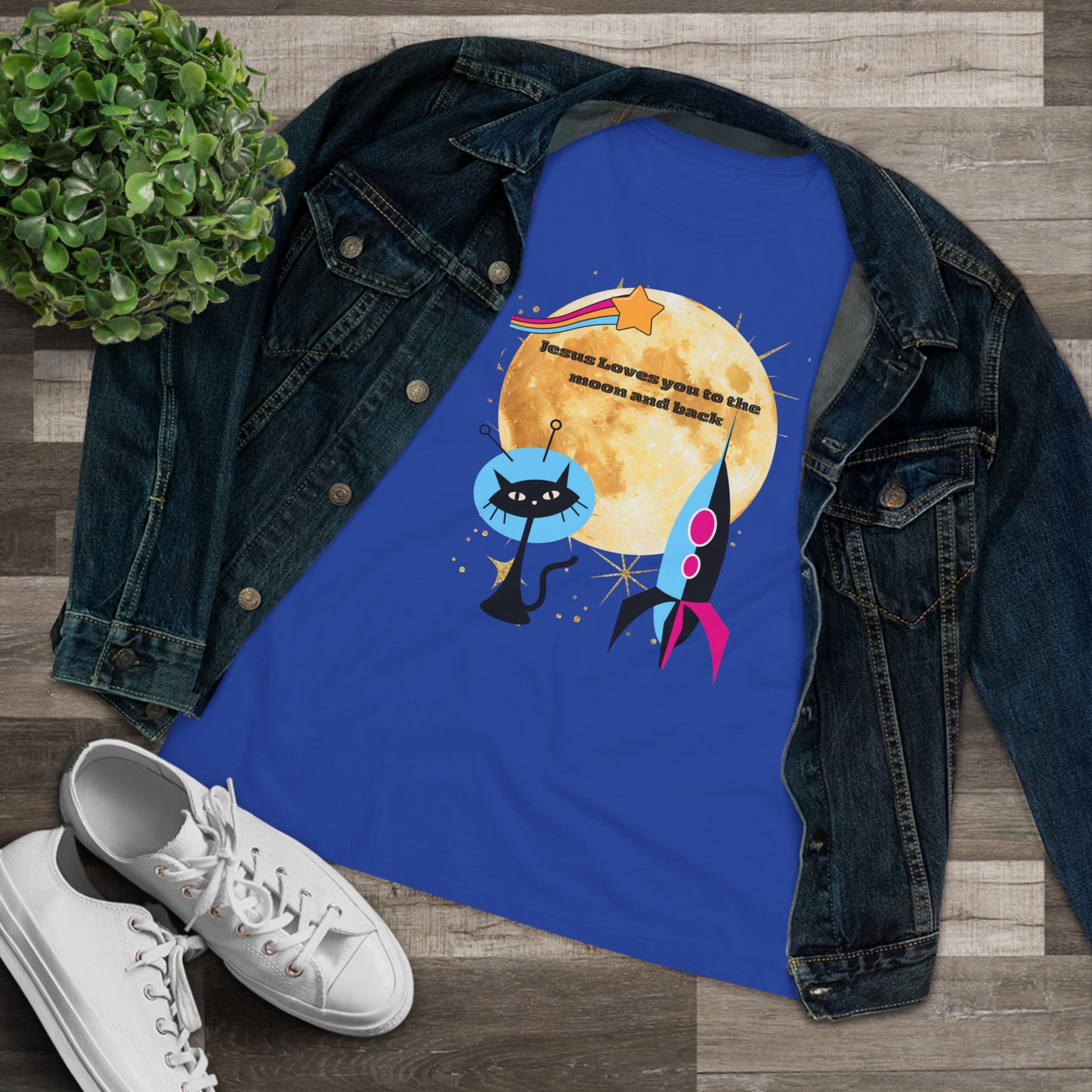 Women’s Cotton Tee - Retro Space Rocket & Cat Design with Moon ("Because heaven gives us time")