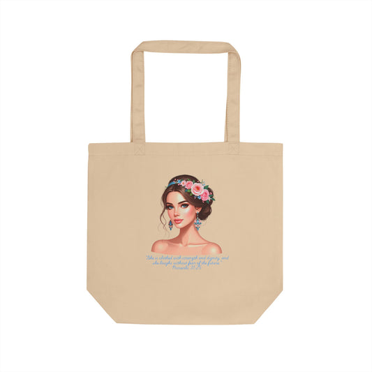Floral Crown Portrait Eco Tote Bag | Woman Illustration, Boho Chic