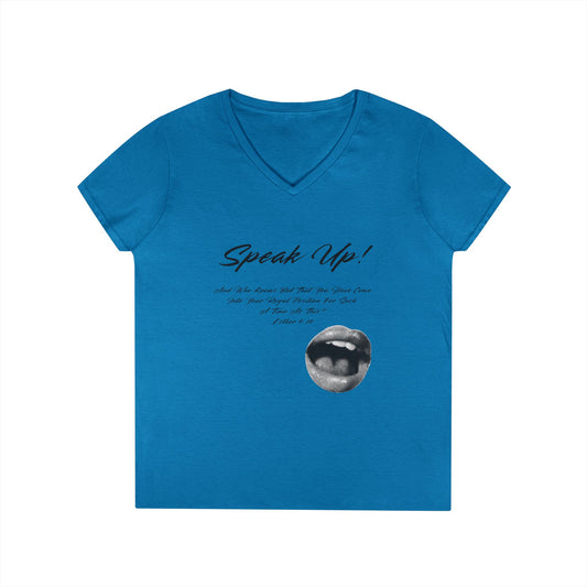 Speak Up lips graphic V-Neck T-Shirt | script text, monochrome lip art