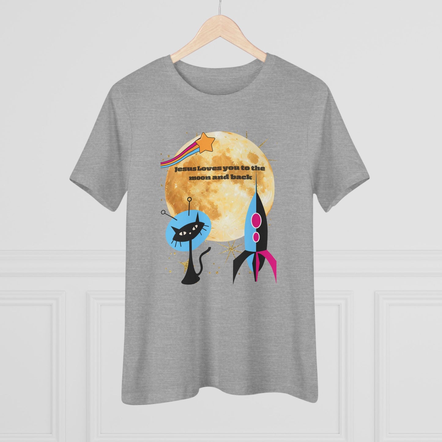 Women’s Cotton Tee - Retro Space Rocket & Cat Design with Moon ("Because heaven gives us time")