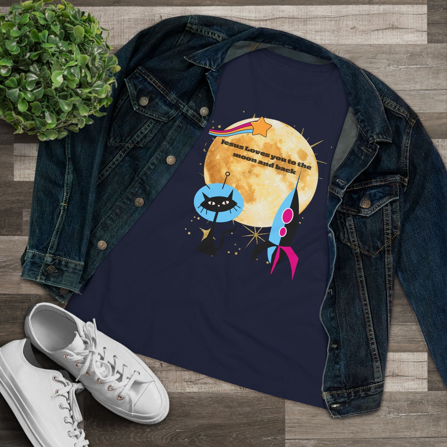 Women’s Cotton Tee - Retro Space Rocket & Cat Design with Moon ("Because heaven gives us time")