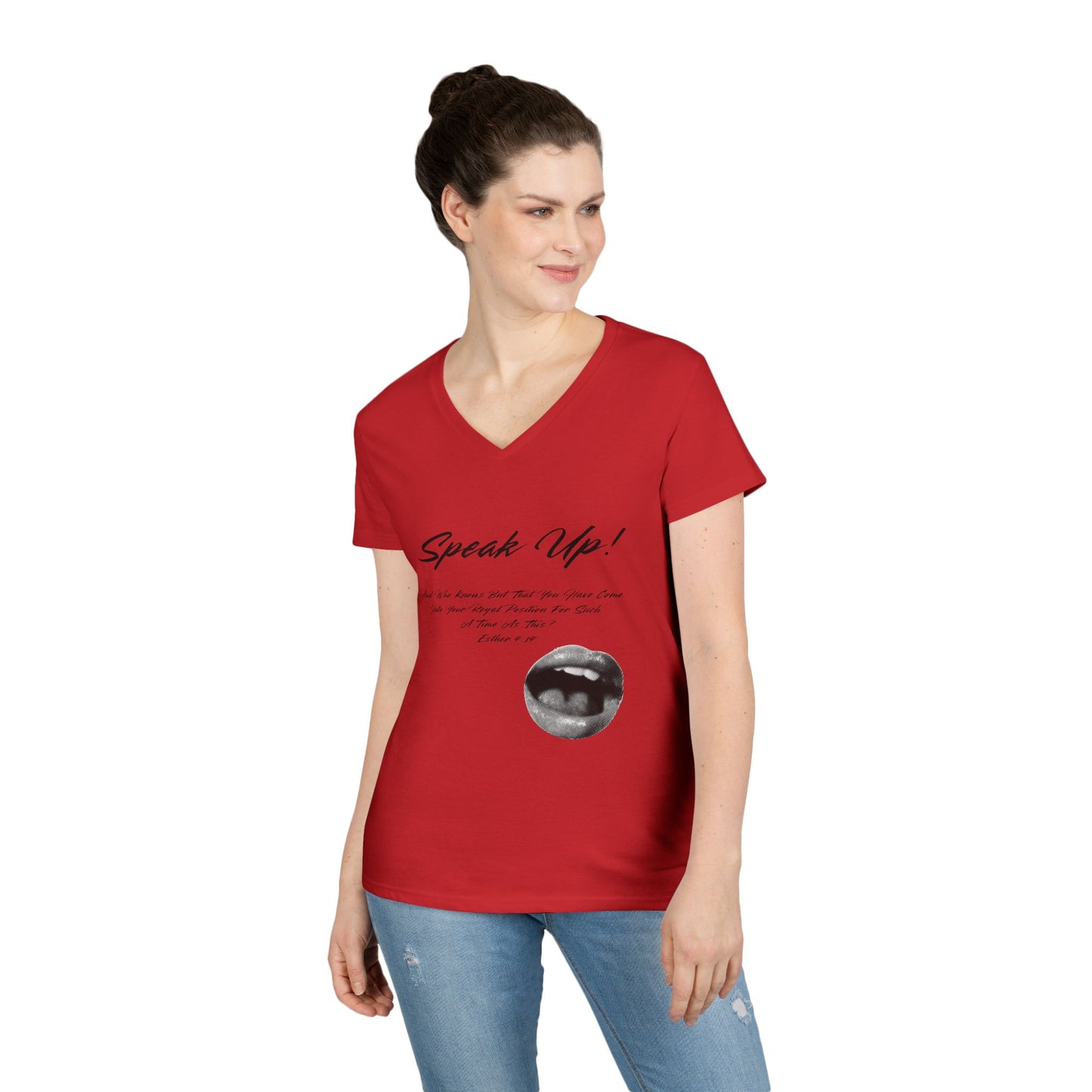 Speak Up lips graphic V-Neck T-Shirt | script text, monochrome lip art