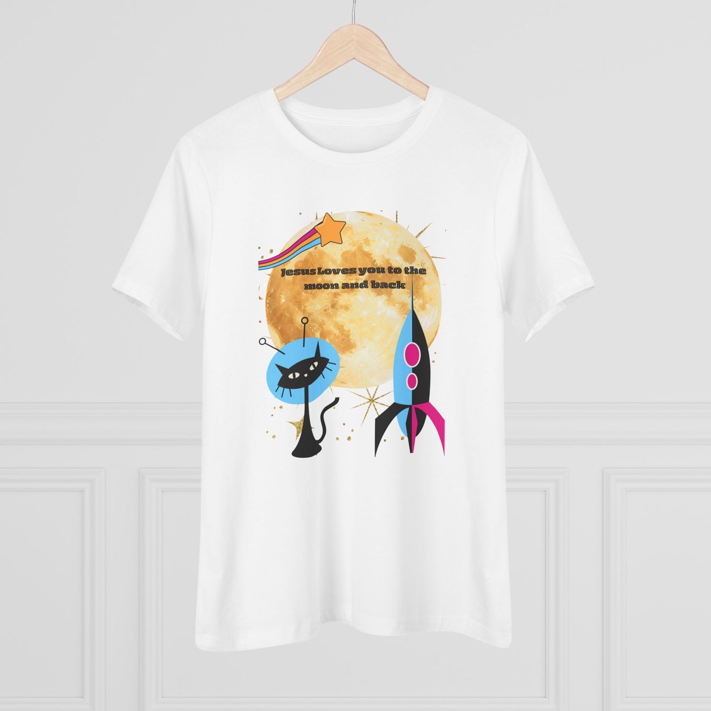 Women’s Cotton Tee - Retro Space Rocket & Cat Design with Moon ("Because heaven gives us time")