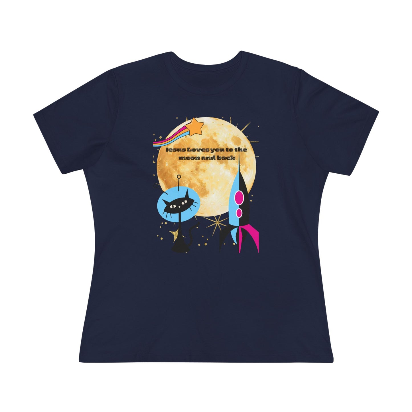 Women’s Cotton Tee - Retro Space Rocket & Cat Design with Moon ("Because heaven gives us time")