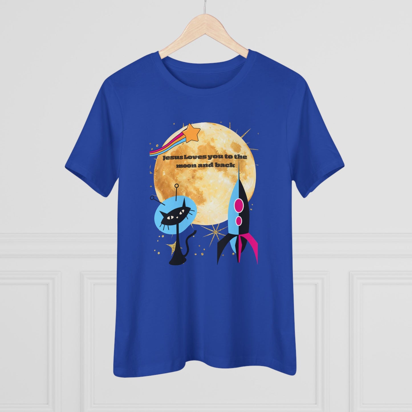 Women’s Cotton Tee - Retro Space Rocket & Cat Design with Moon ("Because heaven gives us time")