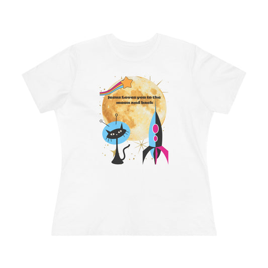 Women’s Cotton Tee - Retro Space Rocket & Cat Design with Moon ("Because heaven gives us time")