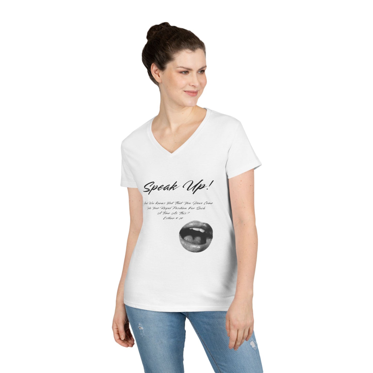 Speak Up lips graphic V-Neck T-Shirt | script text, monochrome lip art
