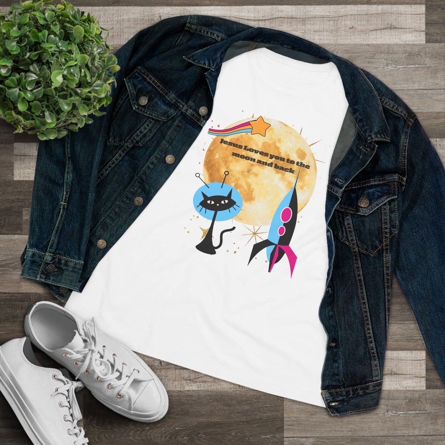 Women’s Cotton Tee - Retro Space Rocket & Cat Design with Moon ("Because heaven gives us time")