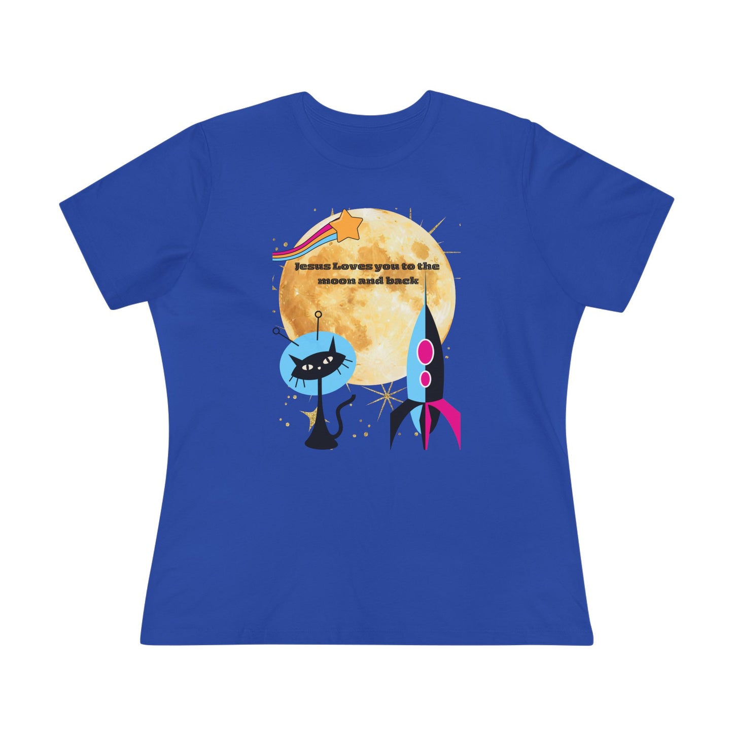 Women’s Cotton Tee - Retro Space Rocket & Cat Design with Moon ("Because heaven gives us time")