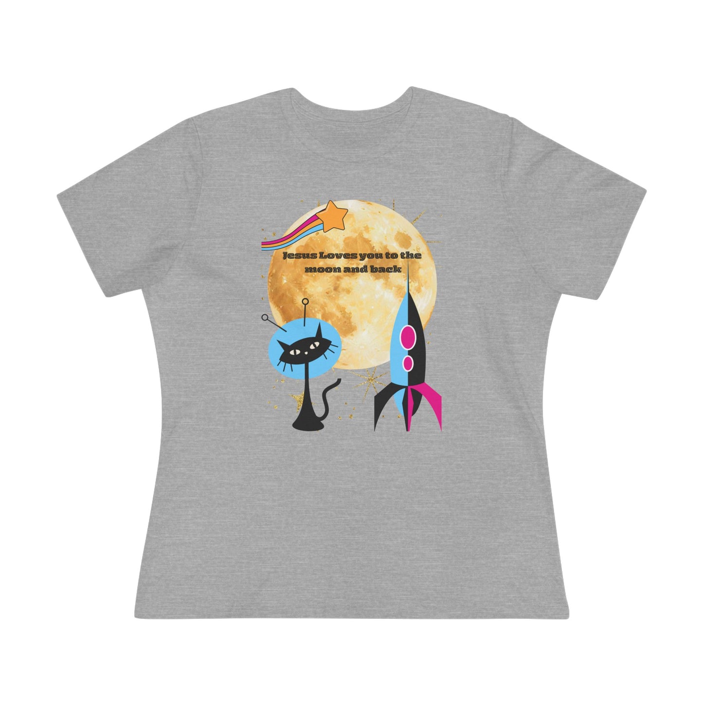 Women’s Cotton Tee - Retro Space Rocket & Cat Design with Moon ("Because heaven gives us time")